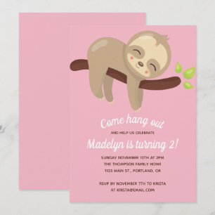 Invitation Jolie Kawaii Sloth sur Tree Rose Girl