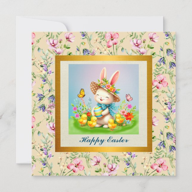 Invitation Jolie Lapin de Pâques et joyeux Fleurs de Printemp (Devant)