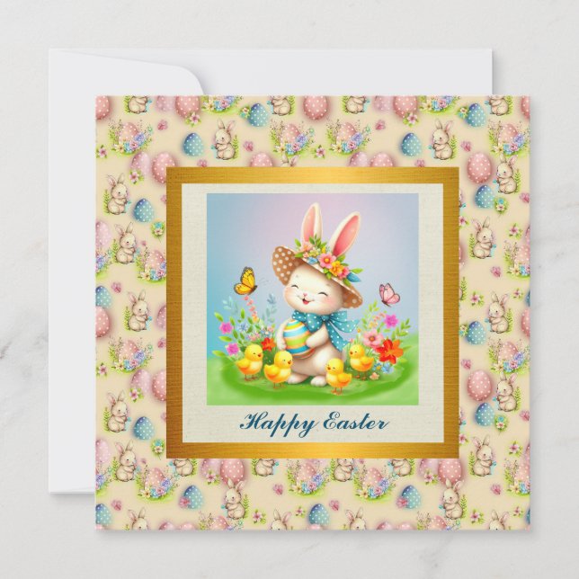 Invitation Jolie Lapin de Pâques et joyeux Fleurs de Printemp (Devant)