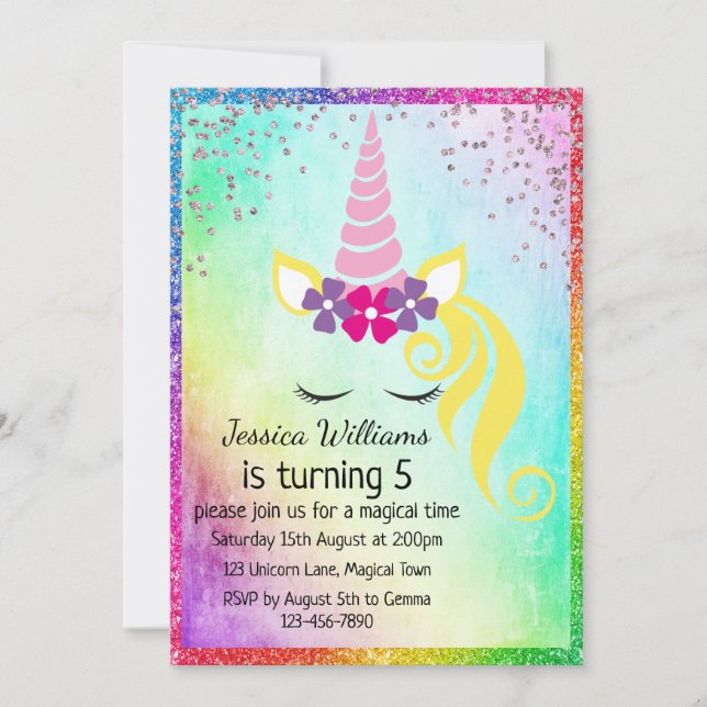 Invitation Jolie licorne florale, 5ème parti de Glittery Girl (Devant)