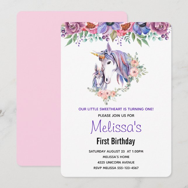 Invitation Jolie licorne Maman & bébé Aquarelle Anniversaire (Devant / Derrière)