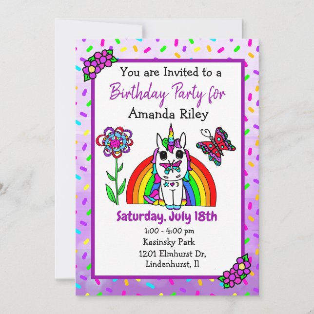 Invitation Jolie licorne violette et l'Anniversaire de la fil (Devant)