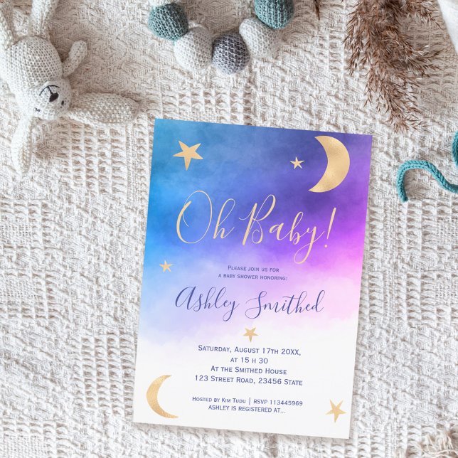 Invitation Jolie lune d'or étoiles baby shower d'aquarelle ro (Créateur téléchargé)