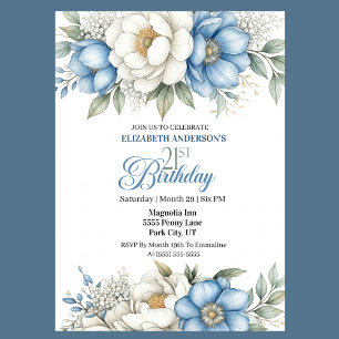 Invitation Jolie Magnolia Bleue et Pivoine 21e Anniversaire