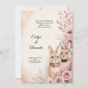 Invitation Jolie mariée lapin et mari floral rose or mariage