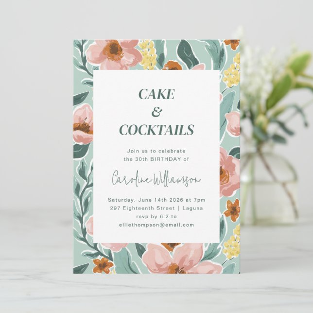 Invitation Jolie Monnaie Sage Blush rose Floral fête d'annive (Debout devant)