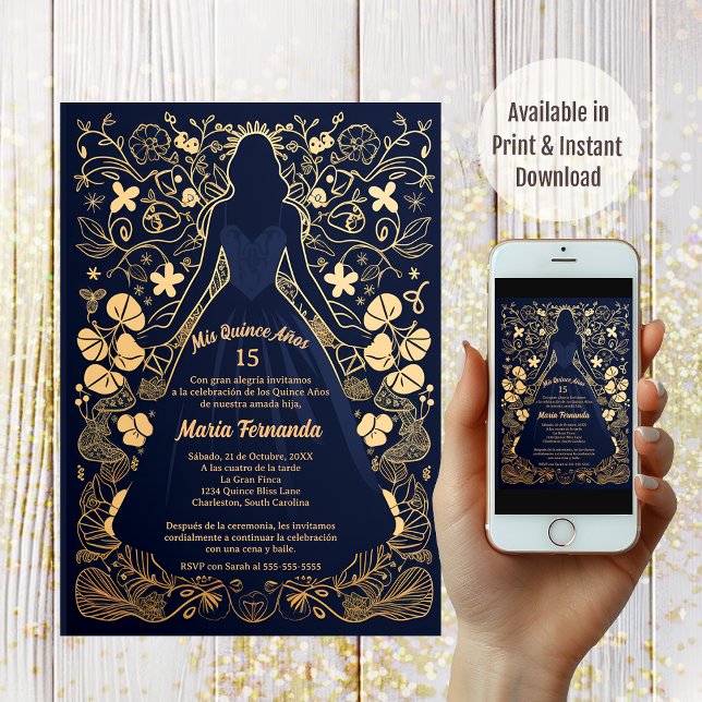 Invitation Jolie Navy Or Mes Quinze Ans Quinceañera (Créateur téléchargé)