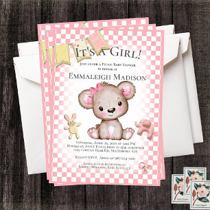 Invitation Jolie Oursonne Marron Fille Pique-Nique Baby Showe