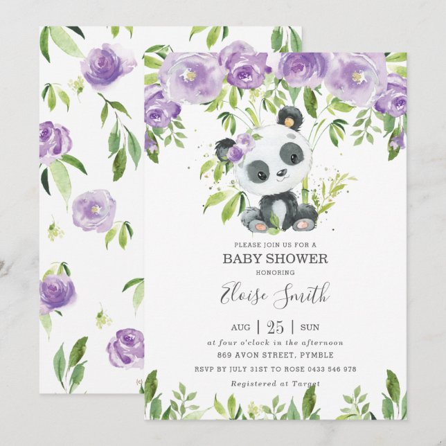 Invitation Jolie Panda Purple Floral Vert Baby shower Fille (Devant / Derrière)