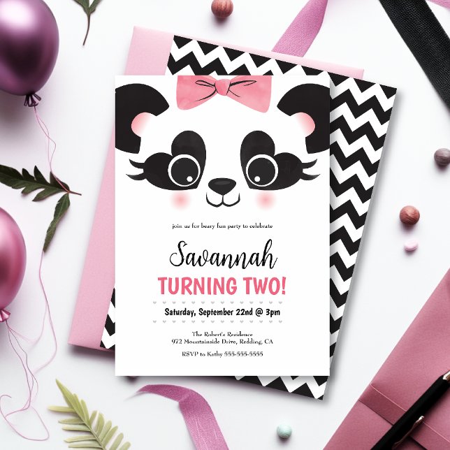 Invitation Jolie Panda Rose Ours Filles Anniversaire Invitati (Créateur téléchargé)