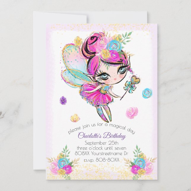 Invitation Jolie Parties scintillant arc-en-ciel Pixie Fairy (Devant)