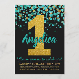 Invitation Jolie Parties scintillant Turquoise or Noir Confet
