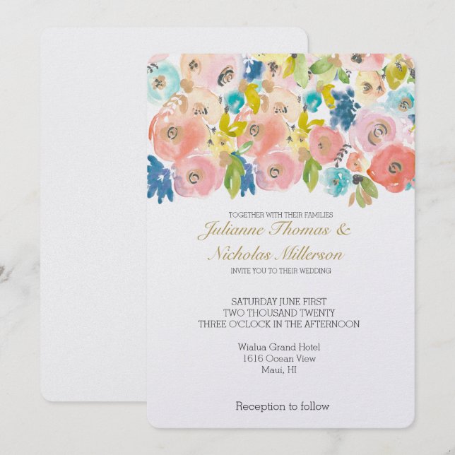 Invitation Jolie Pastel Aquarelle Fleurs Mariage Inviter (Devant / Derrière)