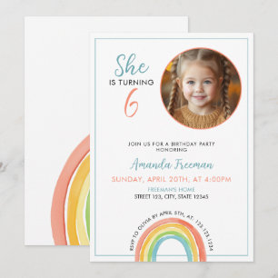 Invitation Jolie Pastel coloré Rainbow Girls Photo Anniversai