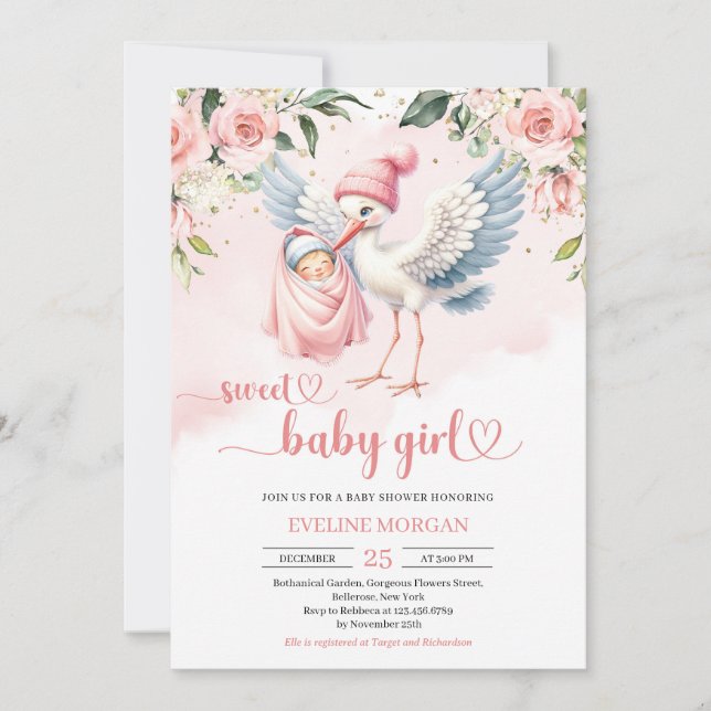Invitation Jolie pastel rose floral cigogne livraison bébé fi (Devant)