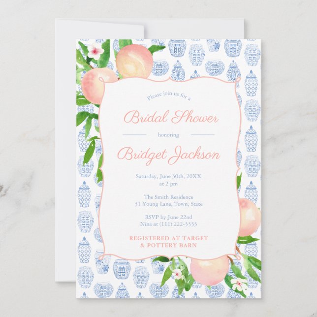 Invitation Jolie Peaches Bleu Et Blanc Wedding shower Party (Devant)