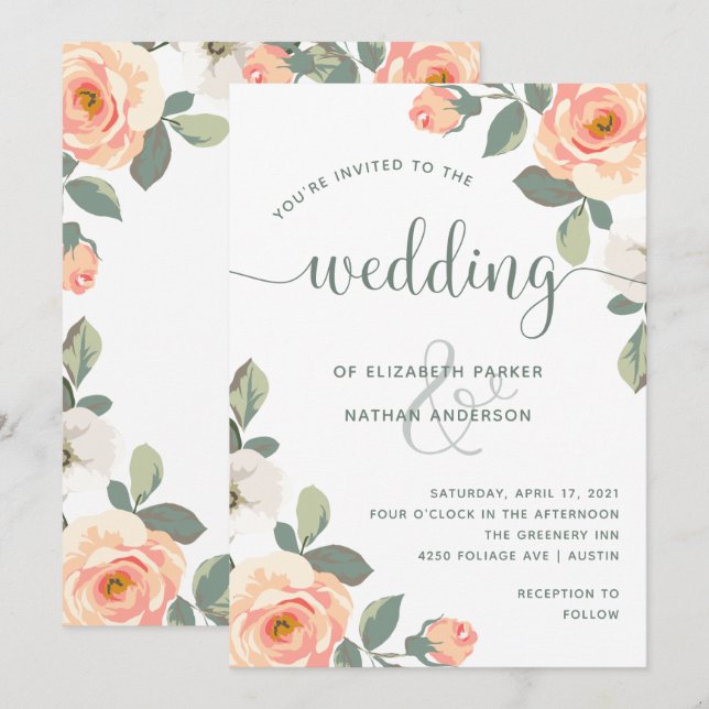 Invitation Jolie Pêche Florale | Mariage (Devant / Derrière)