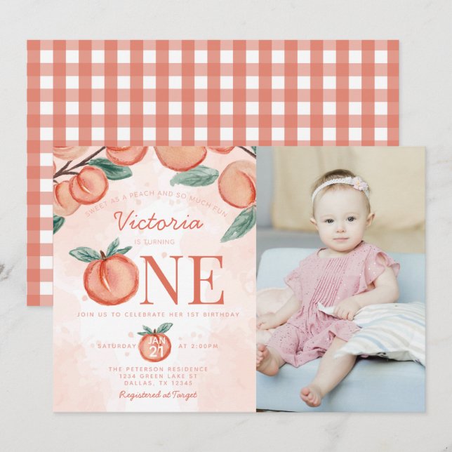 Invitation Jolie pêche sucrée en 1er anniversaire (Devant / Derrière)