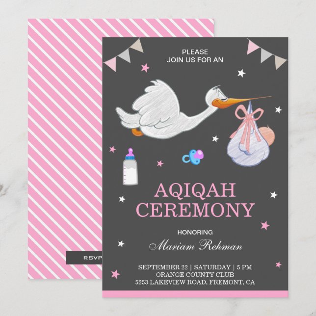 Invitation Jolie petite cigogne rose bébé fille Aqiqah (Devant / Derrière)