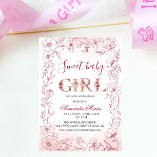 Invitation jolie petite fille aquarelle minimaliste fleurs bé