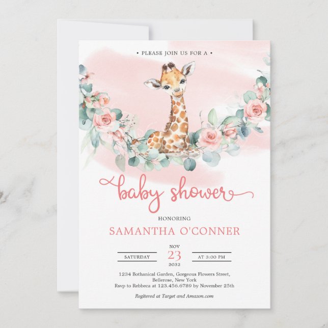 Invitation Jolie petite girafe fleurs rousses eucalyptus bébé (Devant)