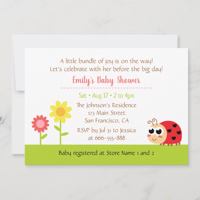 Invitation Jolie Petite Ladybug Baby Girl Douche (Devant)