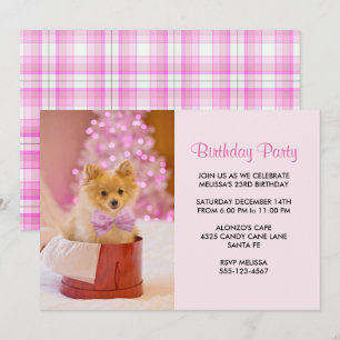 Invitation Jolie photo de Chien de Noël avec Bow rose Anniver