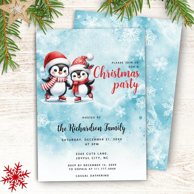 Invitation Jolie pingouins de patinage sur glace Élégant Noël (Créateur téléchargé)