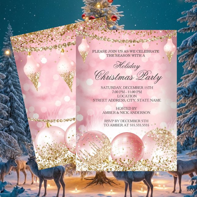 Invitation Jolie Pink Gold Bauble Fête de Noël (Créateur téléchargé)
