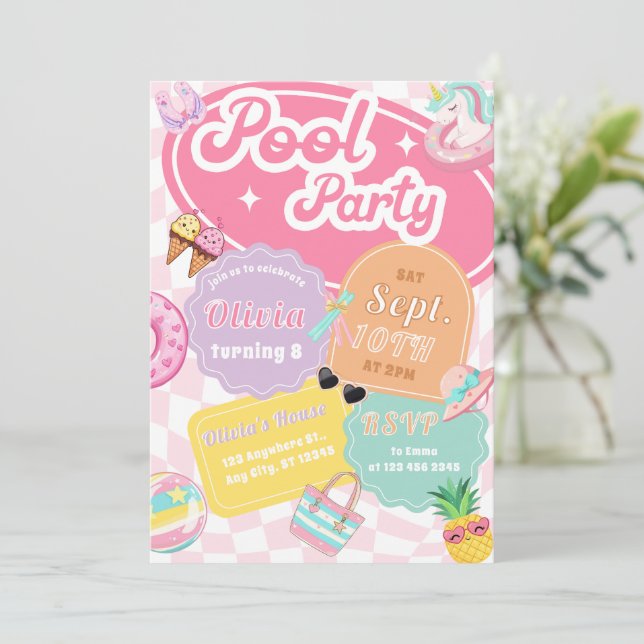 Invitation Jolie piscine d'été colorée fête d'anniversaire (Debout devant)