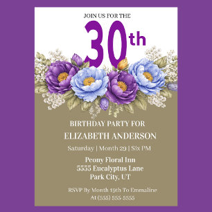 Invitation Jolie Pivoine Bleue et Violette 30ème Anniversaire