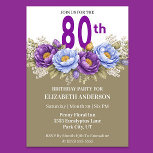Invitation Jolie Pivoine Bleue et Violette 80ème Anniversaire