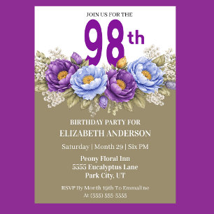 Invitation Jolie Pivoine Bleue et Violette 98e Anniversaire