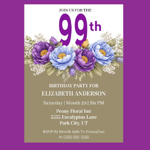 Invitation Jolie Pivoine Bleue et Violette 99e Anniversaire