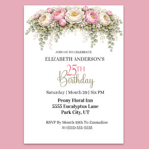 Invitation Jolie Pivoine Rose et Blanche 25e Anniversaire