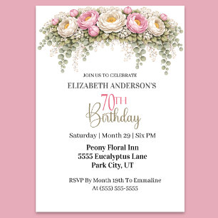 Invitation Jolie Pivoine Rose et Blanche 70e Anniversaire