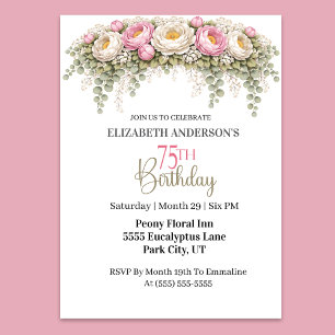 Invitation Jolie Pivoine Rose et Blanche 75e Anniversaire