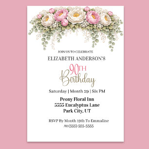 Invitation Jolie Pivoine Rose et Blanche pour 90e Anniversair