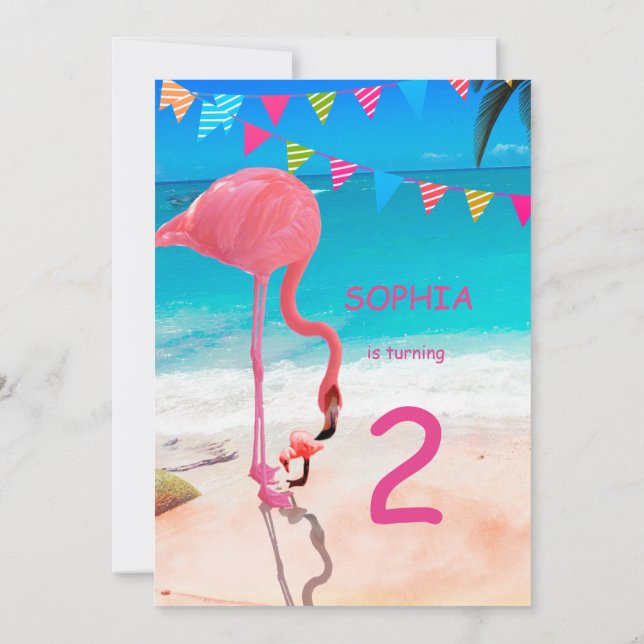 Invitation Jolie plage de Flamant rose rose bleu rose Enfants (Dos)