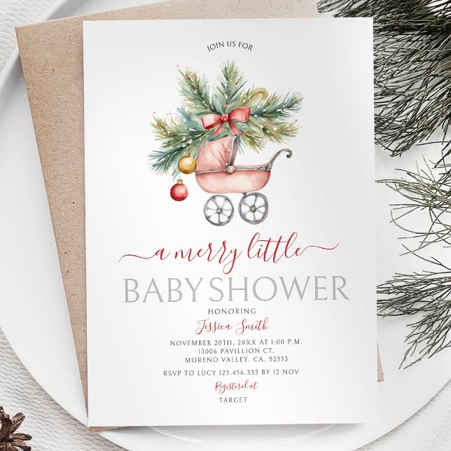 Invitation Jolie poussette Noël Un joli petit Baby shower (Créateur téléchargé)