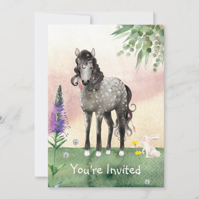 Invitation Jolie prairie à chevaux avec fleurs de printemps A (Devant)