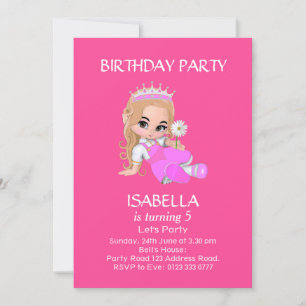 Invitation Jolie princesse fille en rose pour un 5ème anniver