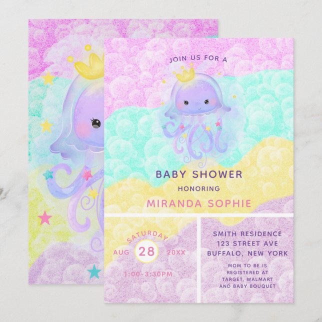 Invitation Jolie princesse violette Jellyfish Baby shower fil (Devant / Derrière)