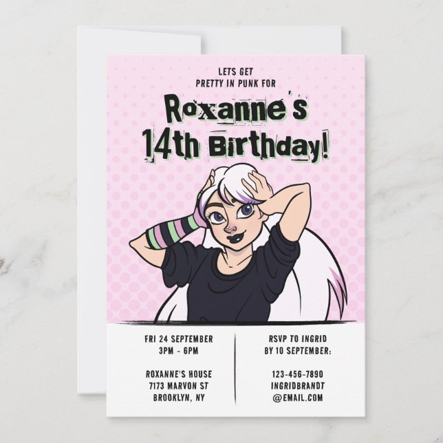 Invitation Jolie Punk Cartoon Ado fille 14e anniversaire (Devant)