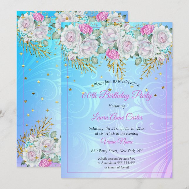 Invitation Jolie Purple Bleu Or Floral Rose Anniversaire (Devant / Derrière)
