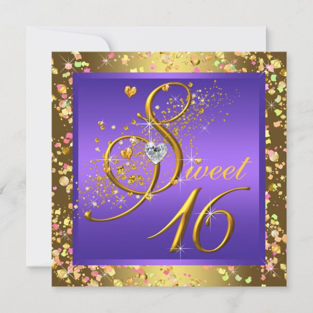 Invitation Jolie Purple et Gold Sweet sixteen Party (Devant)
