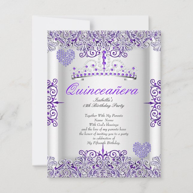 Invitation Jolie Quinceanera violet Parti Tiara Coeurs (Devant)