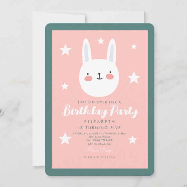 Invitation Jolie Rabbit rose vert violet étoiles Anniversaire (Devant)