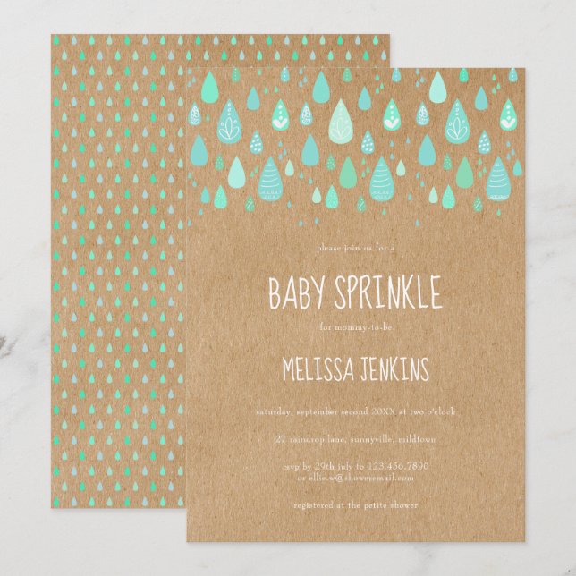 Invitation Jolie Raindrops Baby Sprinkle Rustic Kraft Boho (Devant / Derrière)