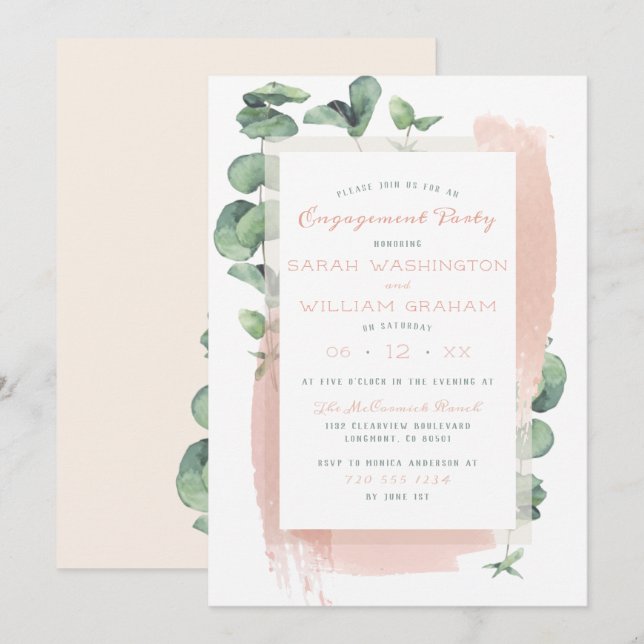 Invitation Jolie rose Aquarelle brosse Floral Partie d'engage (Devant / Derrière)